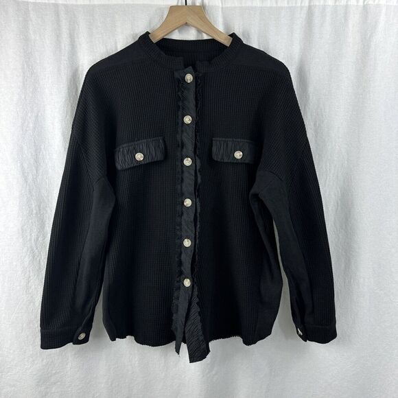 Chouyatou Black Waffleknit Oversized Button Up Shirt Jacket Lounge Womens L - Picture 1 of 13